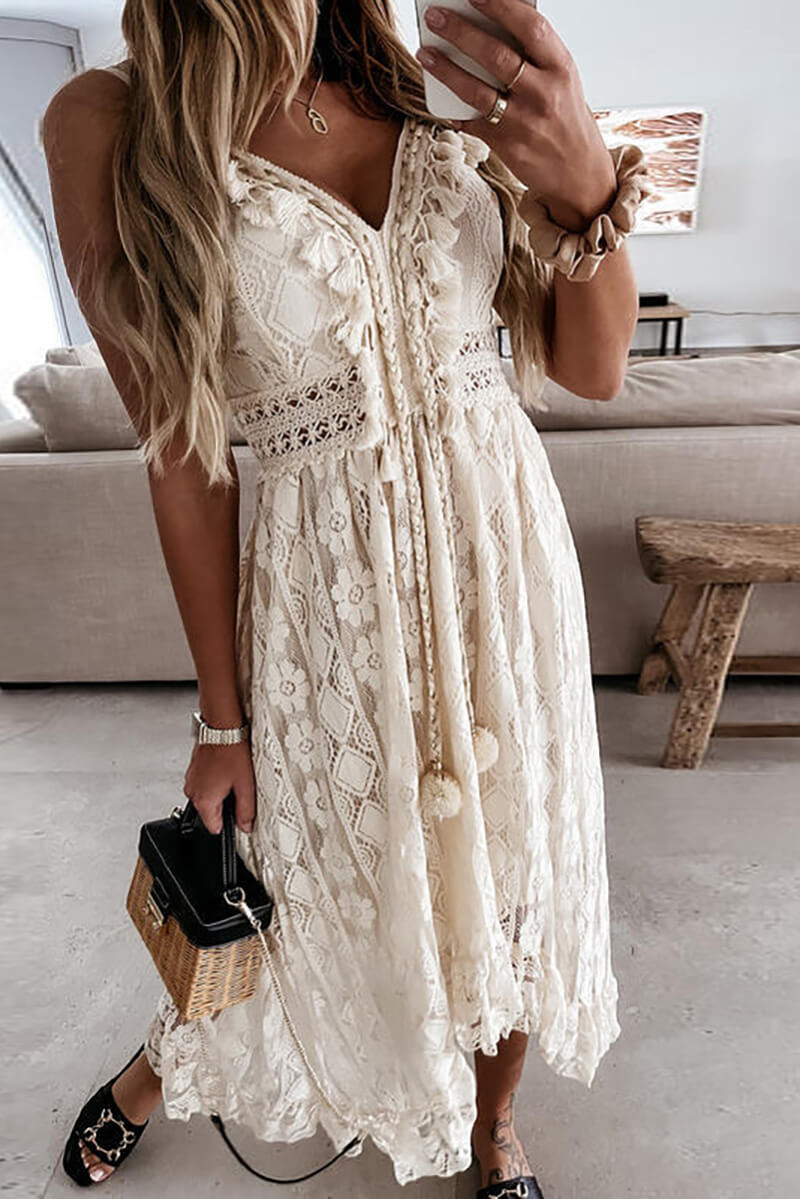 Vestido Midi Rosa Encaje Flores