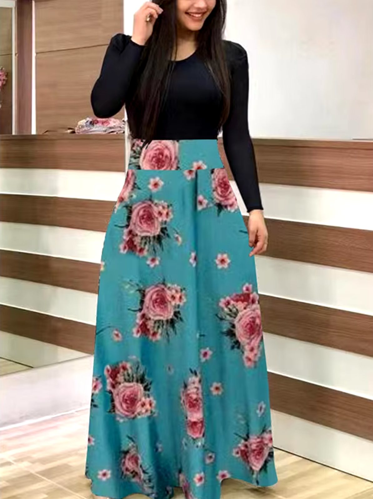 Vestido Floral Mujer Manga Larga Elegante