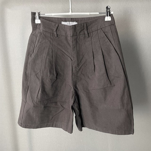 Pantalones cortos mujer lino rectos cintura alta Beige