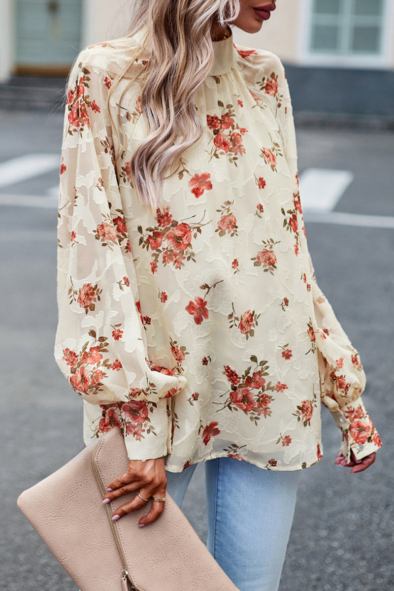 Blusa Floral Elegante Manga Larga Cuello Alto