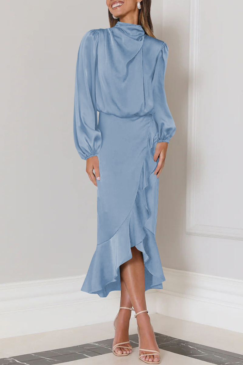 Vestido Midi Elegante con Volantes y Cuello Alto