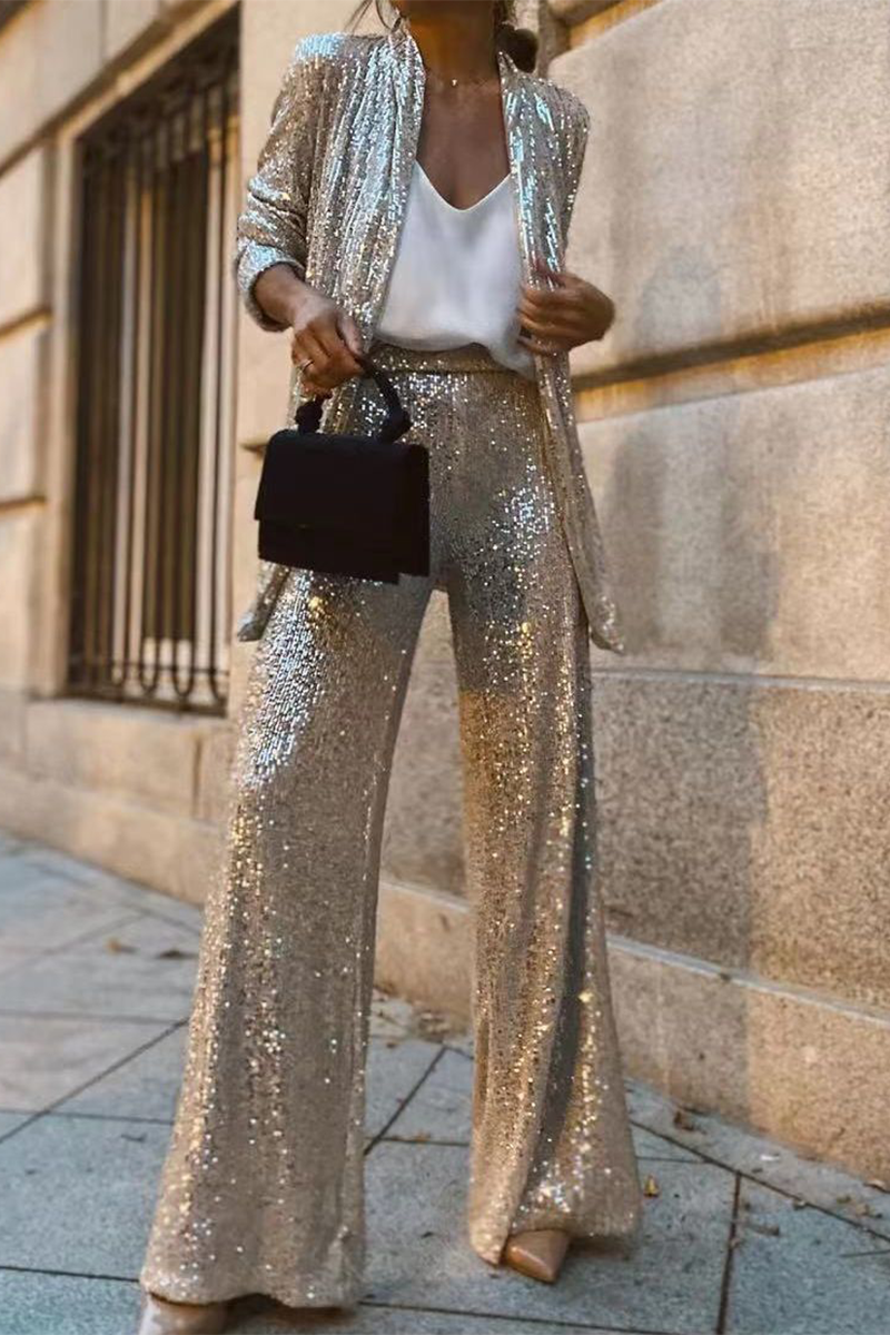 Conjunto Lentejuelas Glamuroso Chaqueta Abierta y Pantalón Ancho