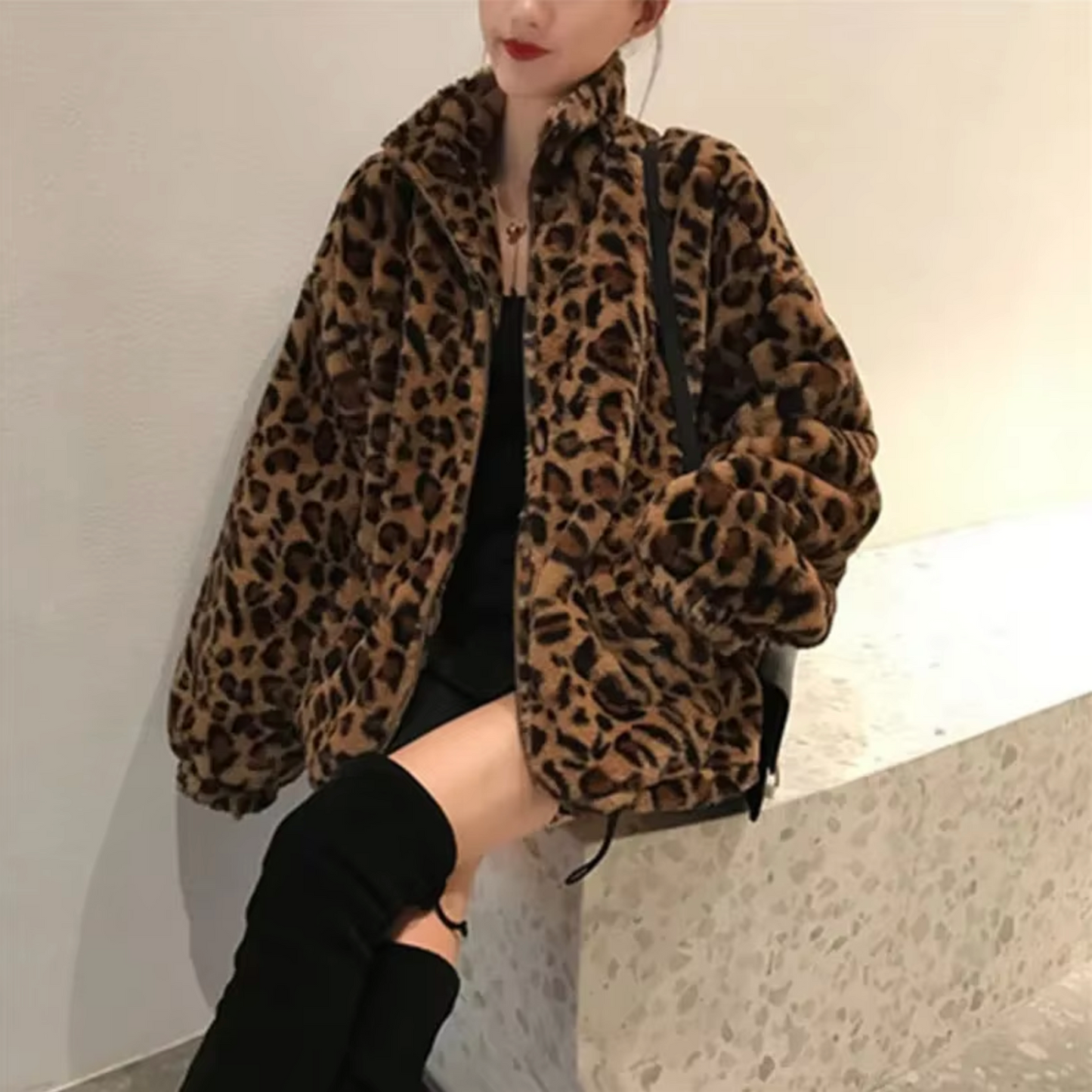 Chaqueta de Pelo Leopardo Cremallera Abrigo - Vestiria