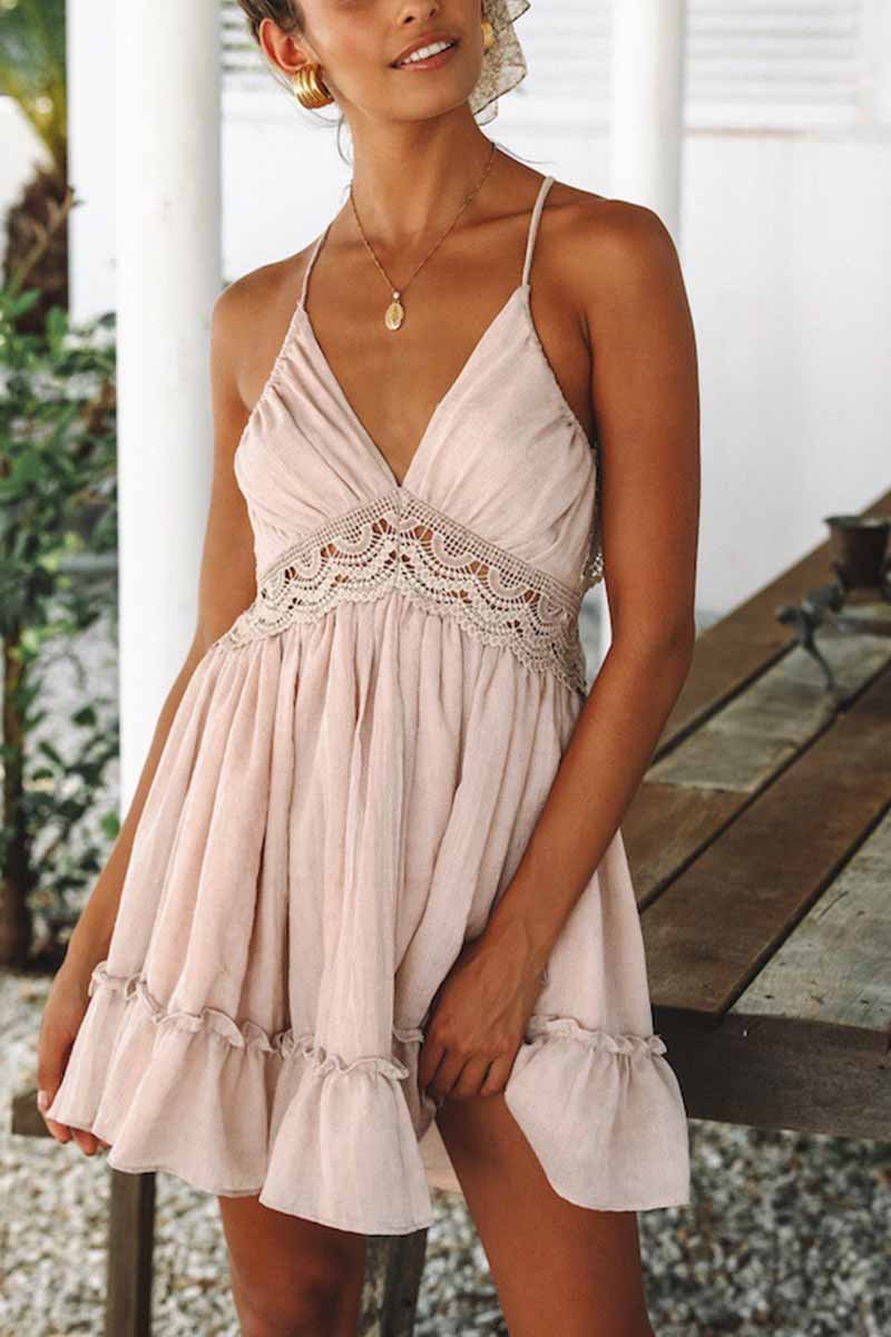 Vestido Corto de Encaje sin Mangas Estilo Boho