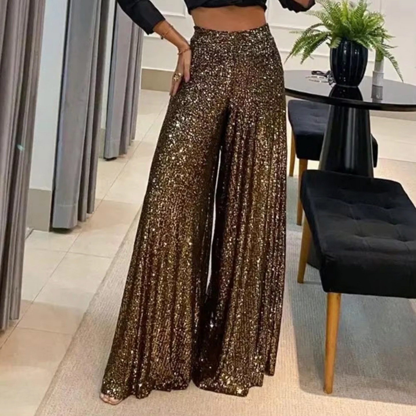 Pantalones Brillantes Cintura Alta