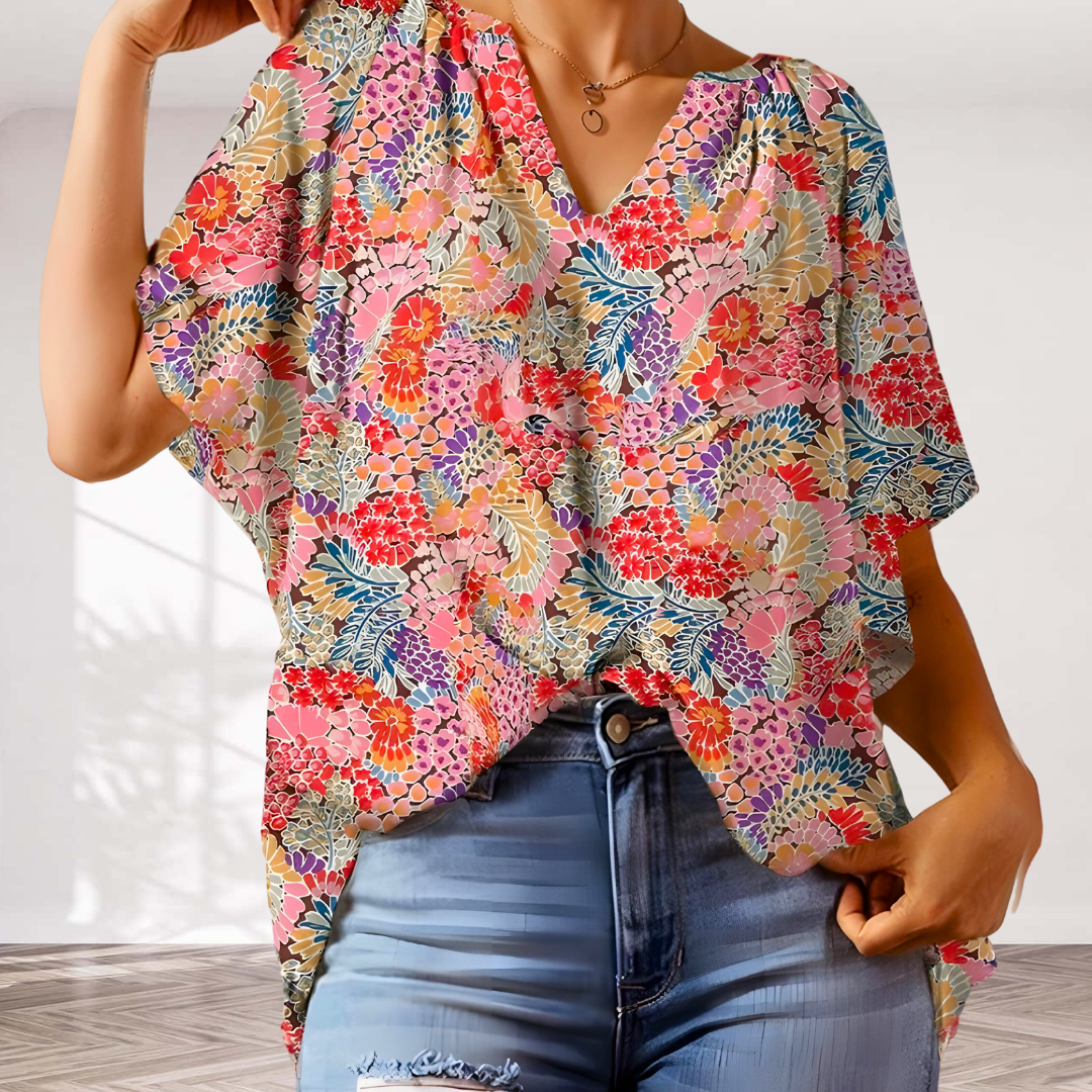 Camisa Flor Blanca Cuello en V - Vestiria