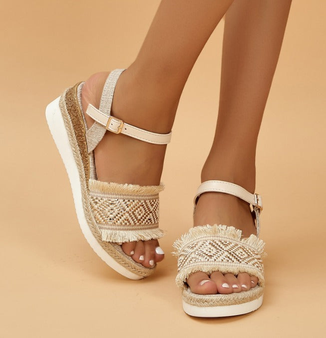 Sandalias Cuña Mujer Trenzadas Beige Elegantes