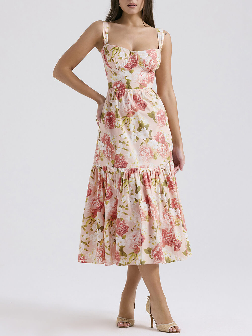 Vestido Floral Elegante con Tirantes Medio Largo