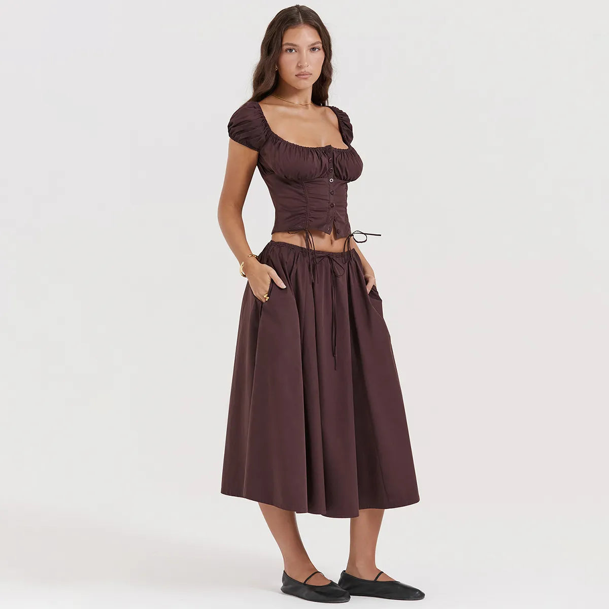 Conjunto Top y Falda Elegante Manga Rizada