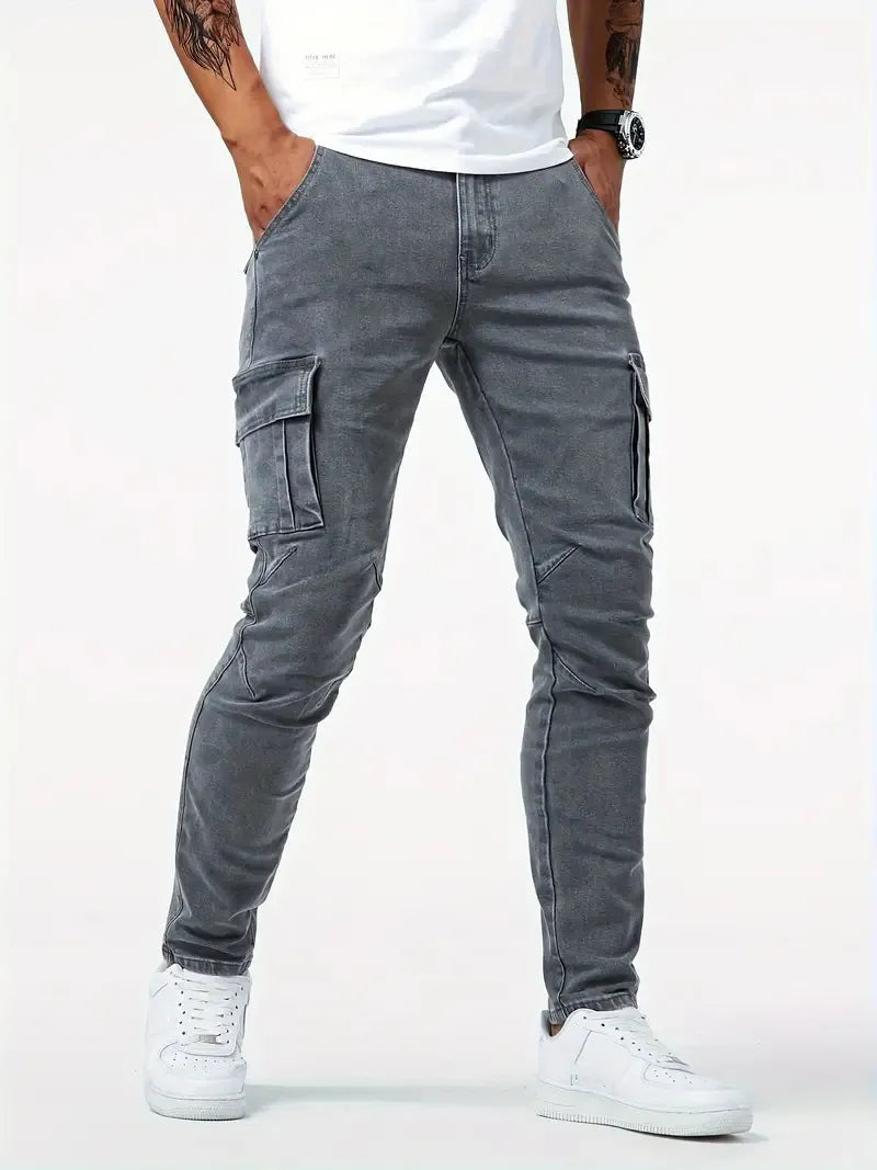 Pantalones cargo elásticos hombre azul ajustados