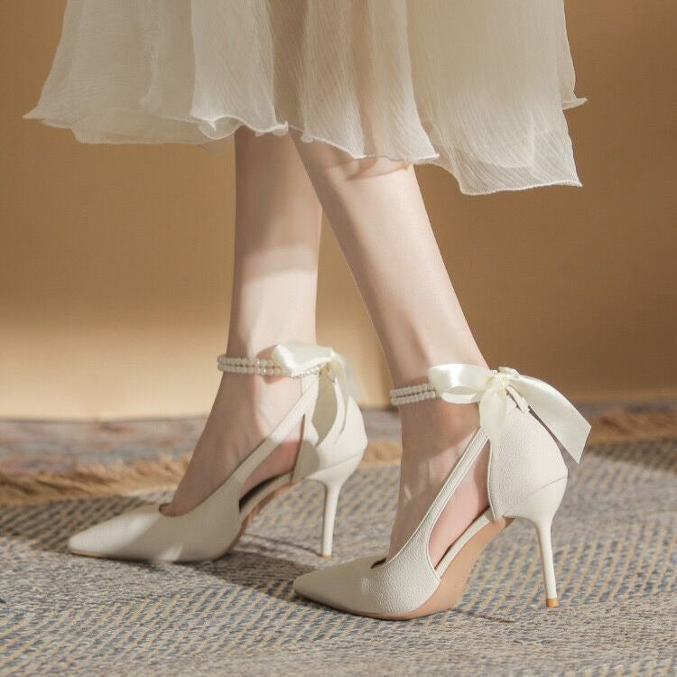 Zapatos de tacón Mujer Lazo Satinado Perla Azul Claro - Vestiria