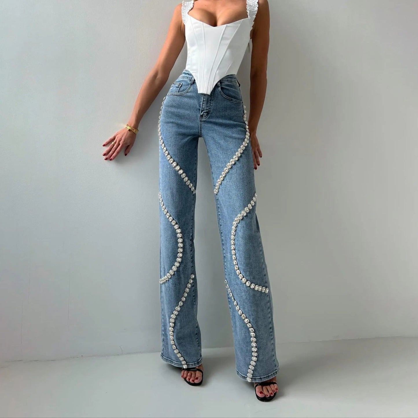 Pantalón vaquero mujer decorado joyas corte clásico - Vestiria
