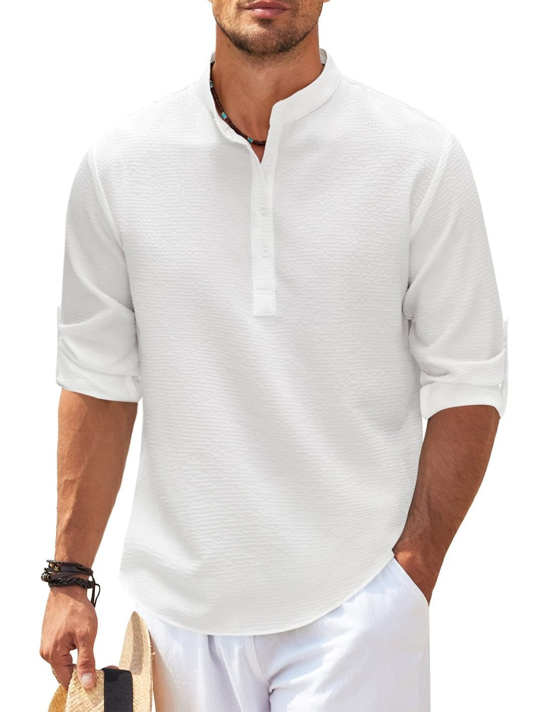 Camisa Hombre Algodón Fresca Cuello Mao Casual