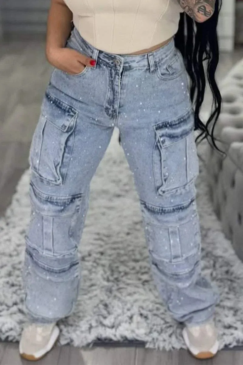 Pantalón Mujer Cargo Brillante con Bolsillos