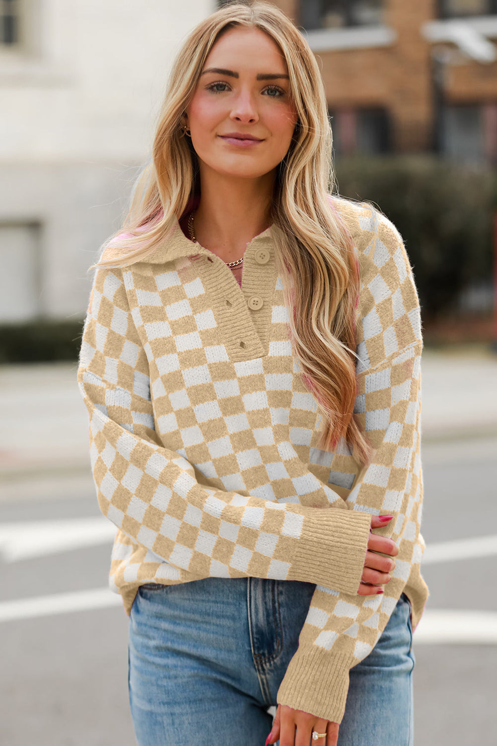 Sudadera cuadros cómoda cuello pico