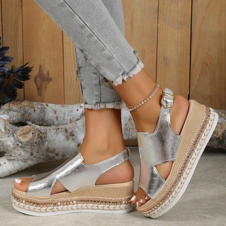 Sandalias Mujer Cuña Trenzada Brillante Azul Claro