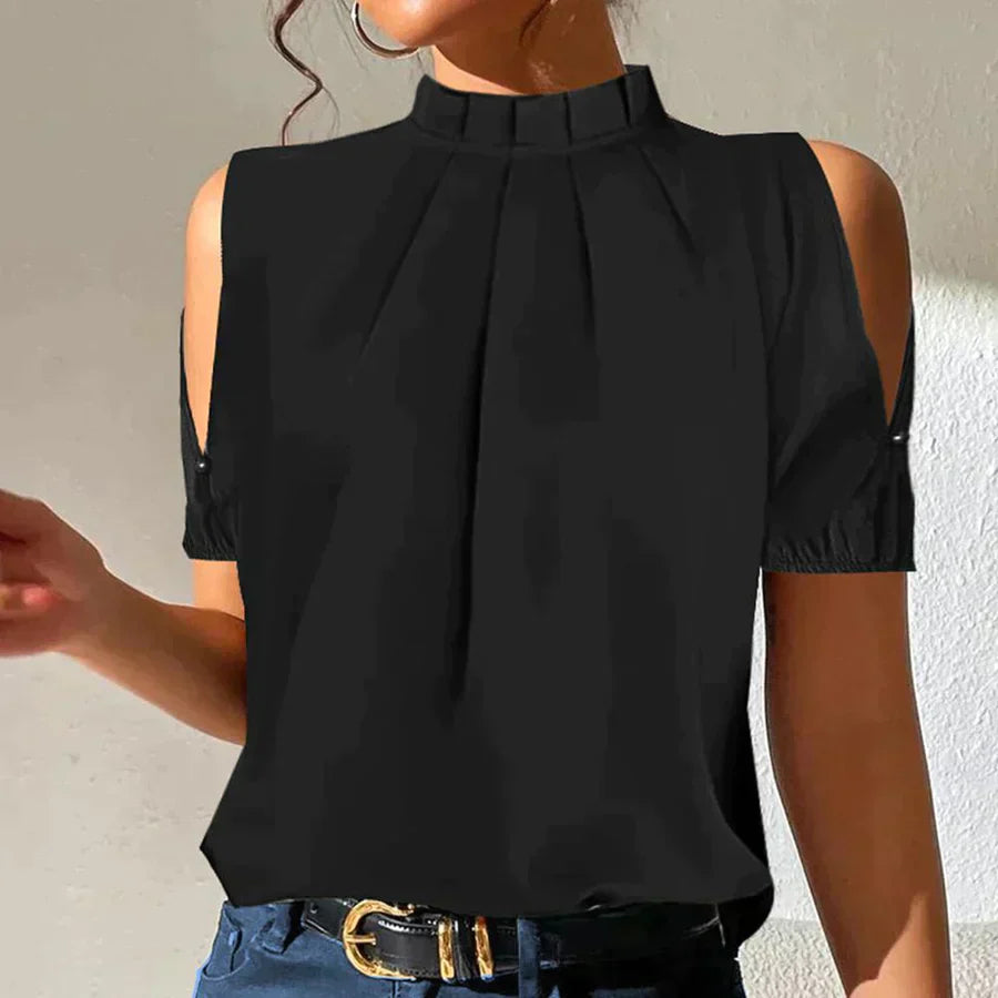 Blusa Negra Plisada con Mangas Capitán - Vestiria