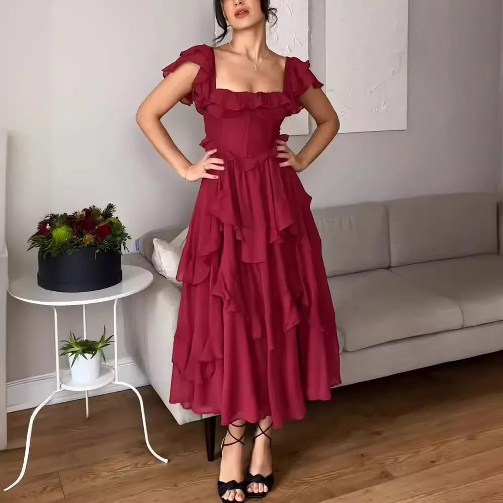 Vestido de Fiesta Largo con Volantes Elegante