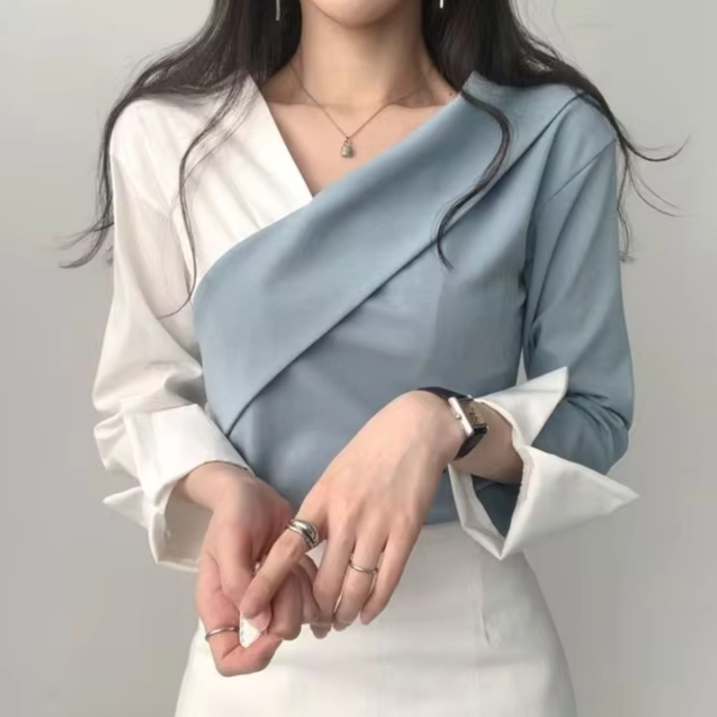 Blusa Mujer Manga Larga Escote Pico Elegante