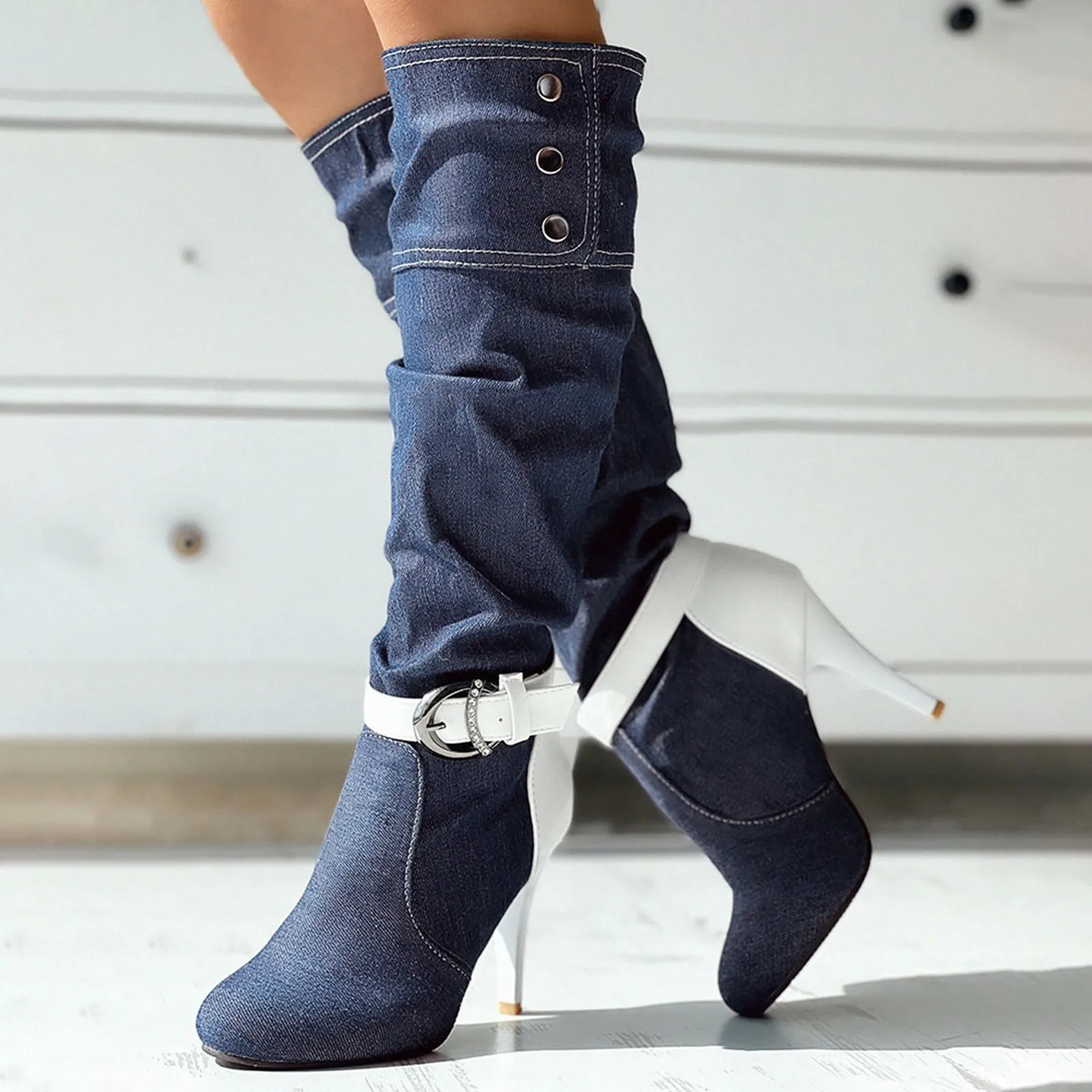 Botas Altas Patchwork Botones Decorativos Originales