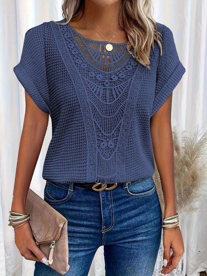 Blusa de punto con encaje femenina manga corta