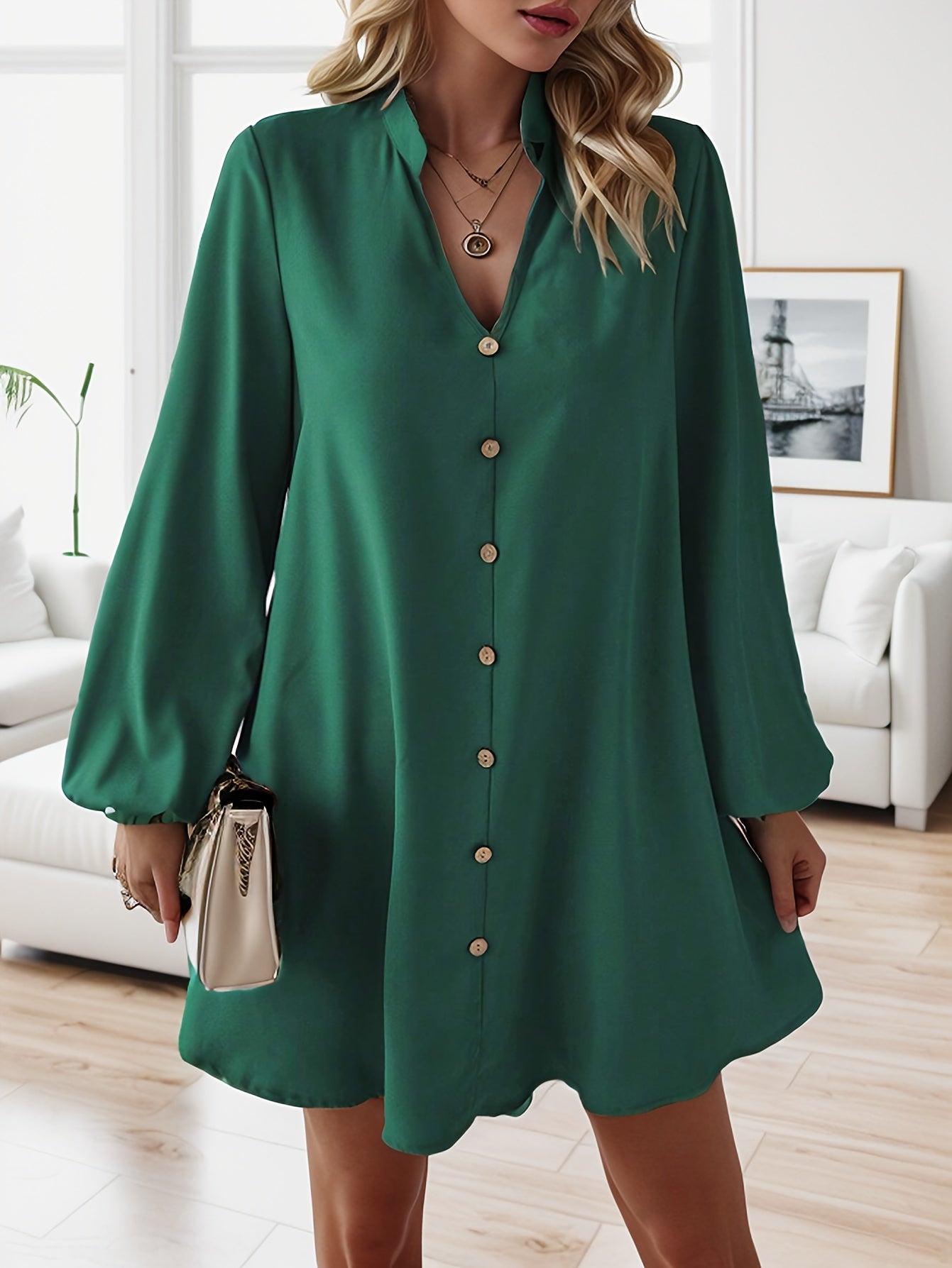 Vestido Casual Manga Larga Cuello V