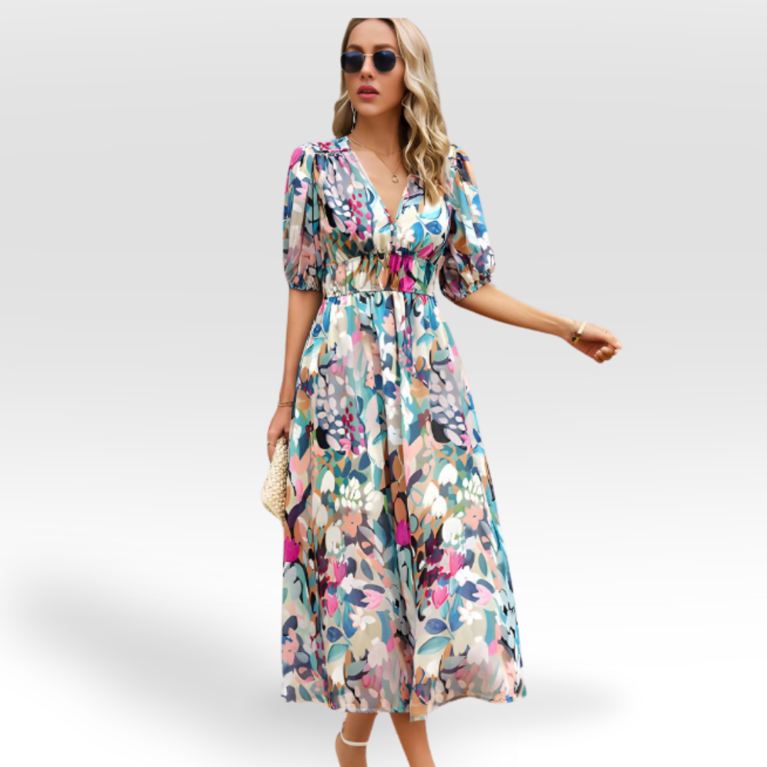 Vestido Midi Elegante con Escote en V y Falda Larga
