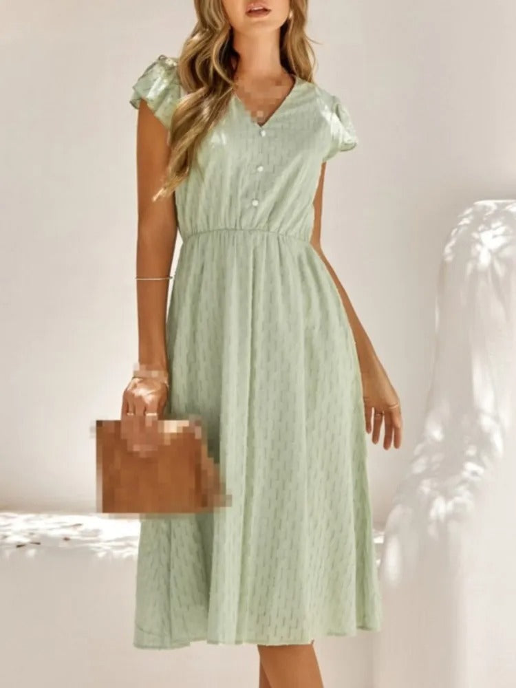 Vestido Midi Elegante Cuello V Manga Ancha