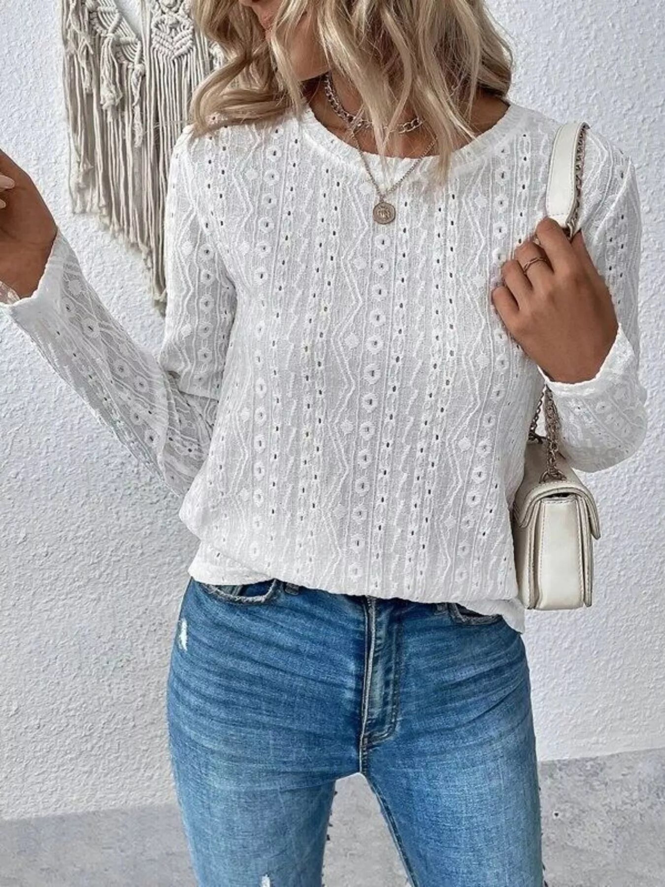 Blusa Mujer Manga Larga Elegante Cuello Redondo