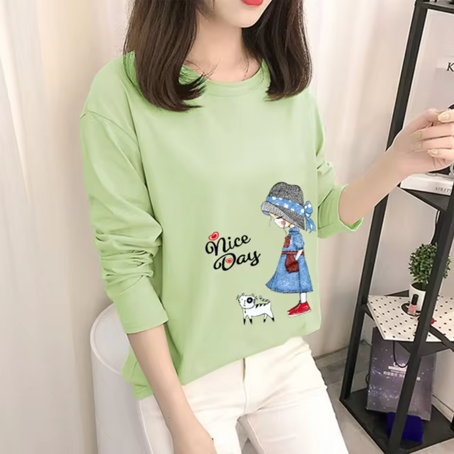 Camisa Algodón Estampado Verde Cuello Alto