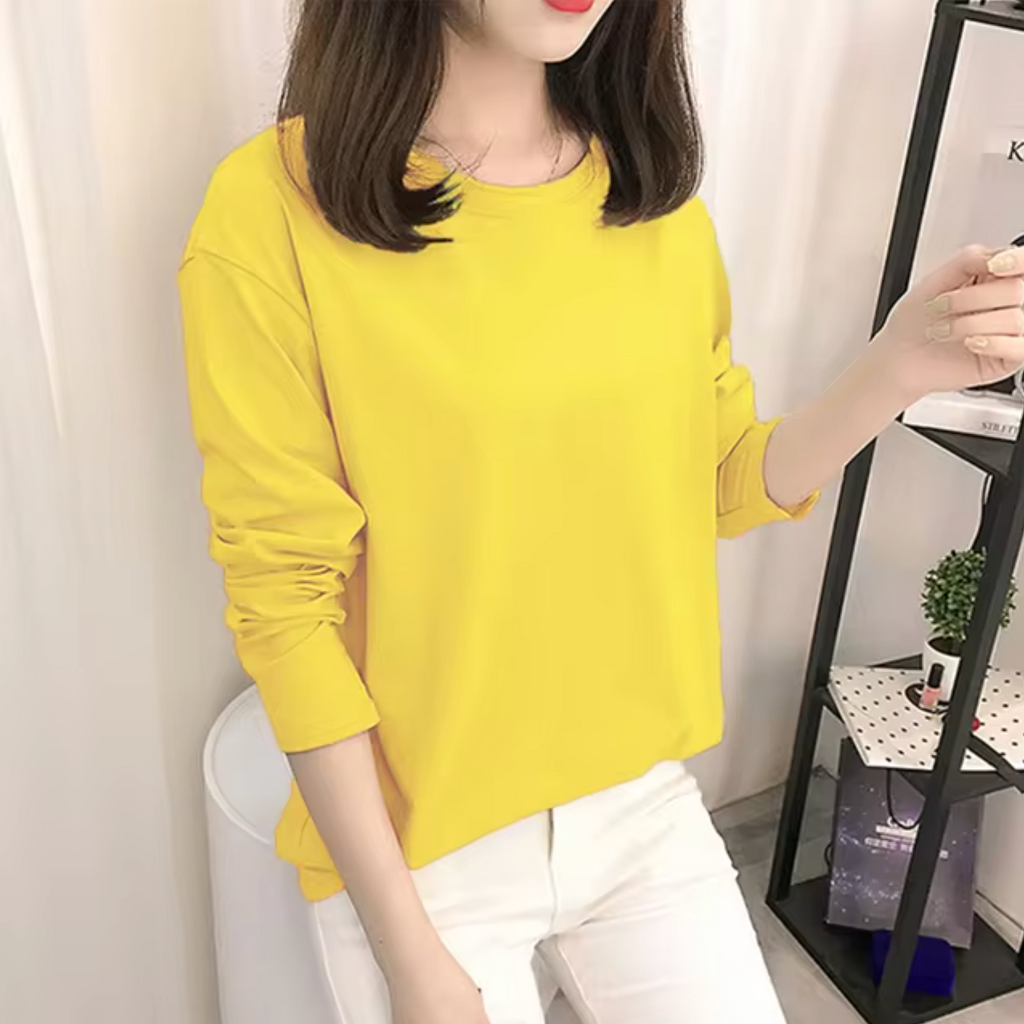 Camisa Algodón Manga Larga Cuello Redondo Clásica