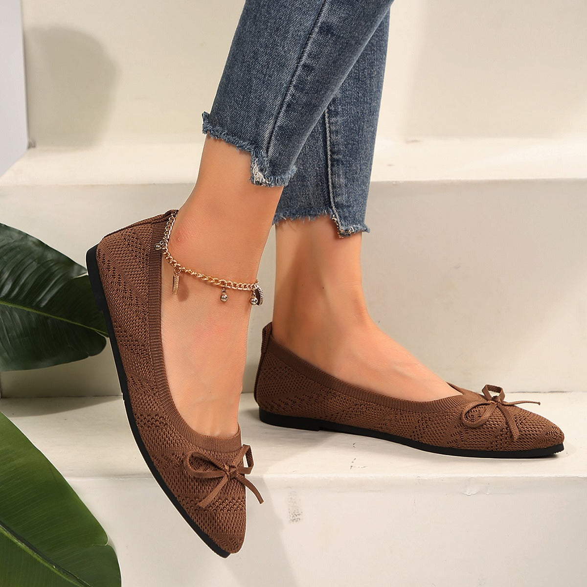 Zapatillas de punto cómodas con lazo para mujer