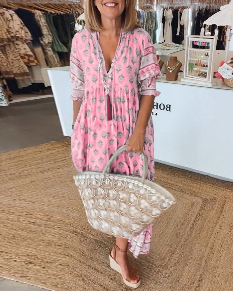 Vestido Étnico Largo con Estampado Floral y Escote en V
