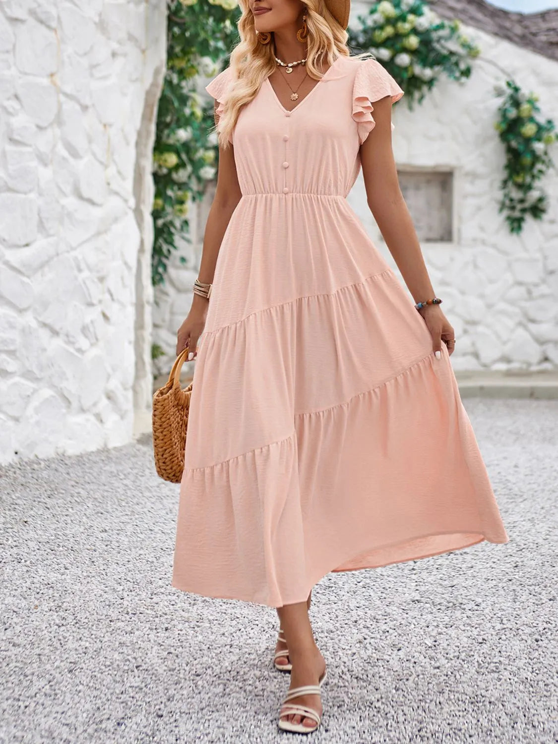 Vestido Elegante Cuello V Mangas Volantes