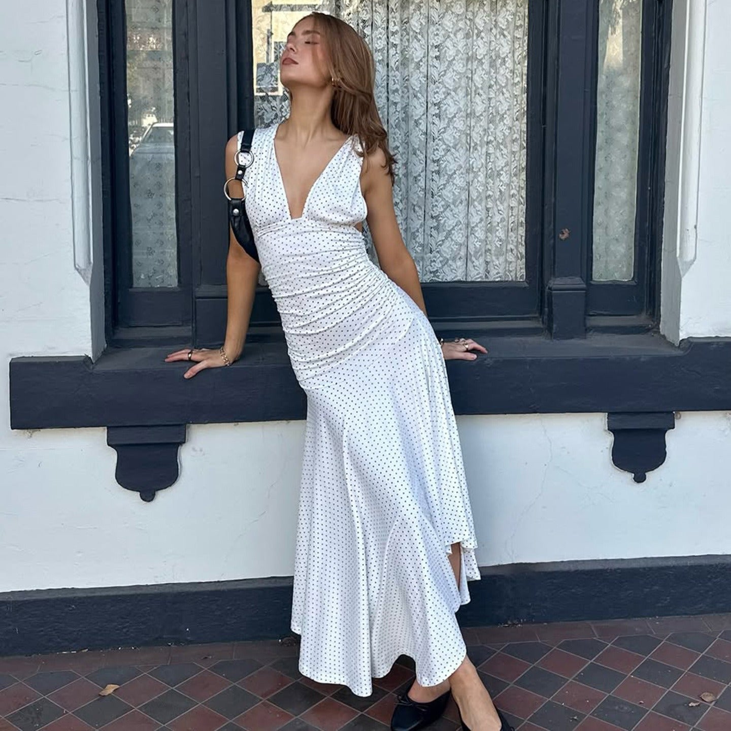 Vestido Mujer Estampado de Lunares Elegante Largo - Vestiria
