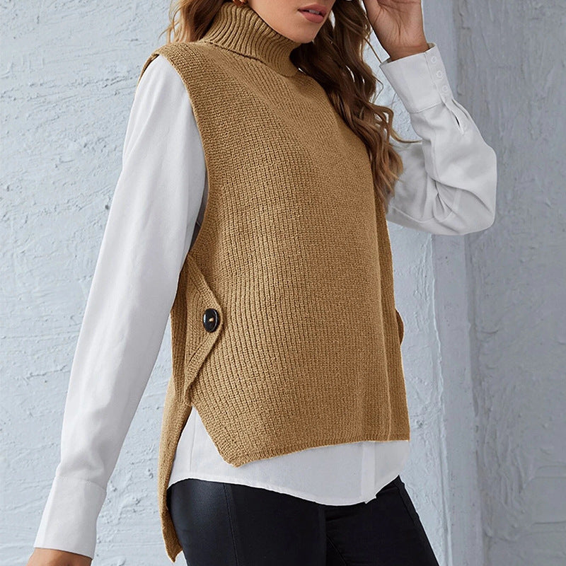 Chaleco Punto Cuello Alto Mujer Abrochado