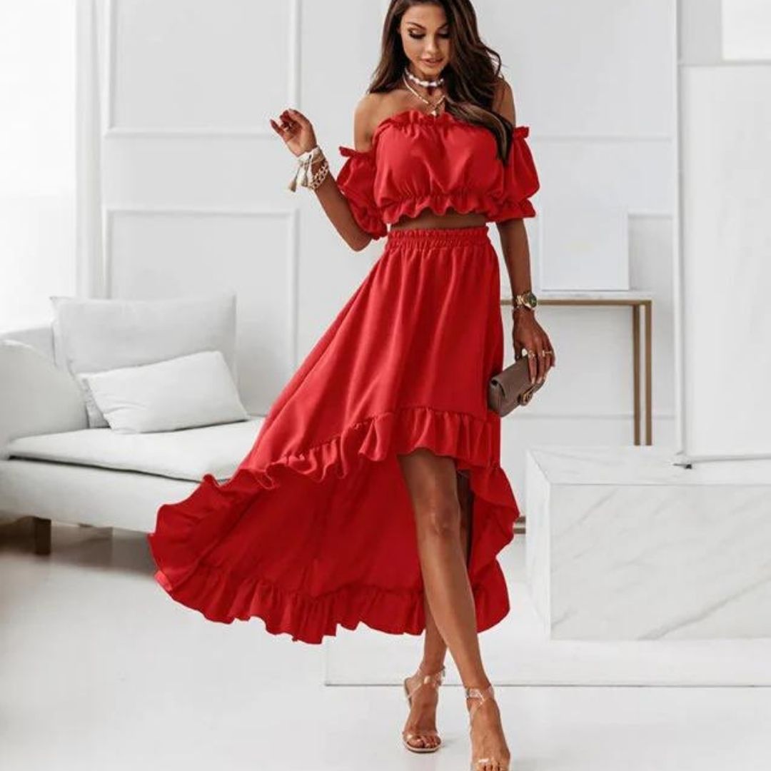 Vestido Volantes Escote Alto Elegante