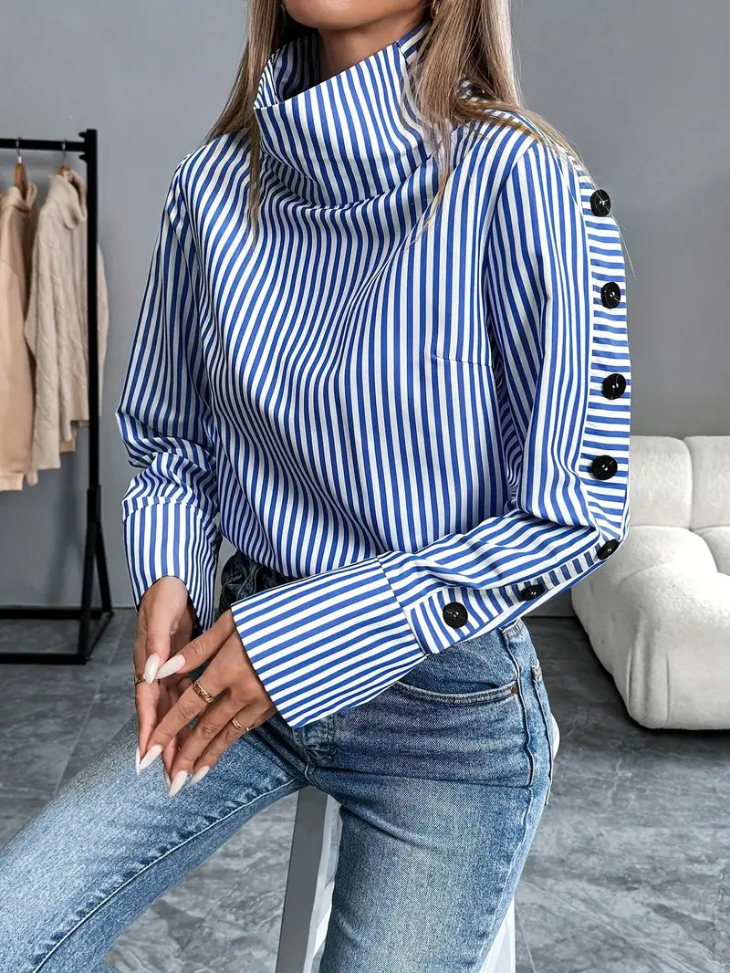 Blusa de rayas algodón cuello alto casual - Vestiria