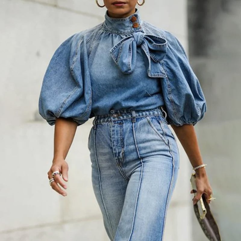 Jersey Mujer Cuello Alto Cómodo Vaquero - Vestiria