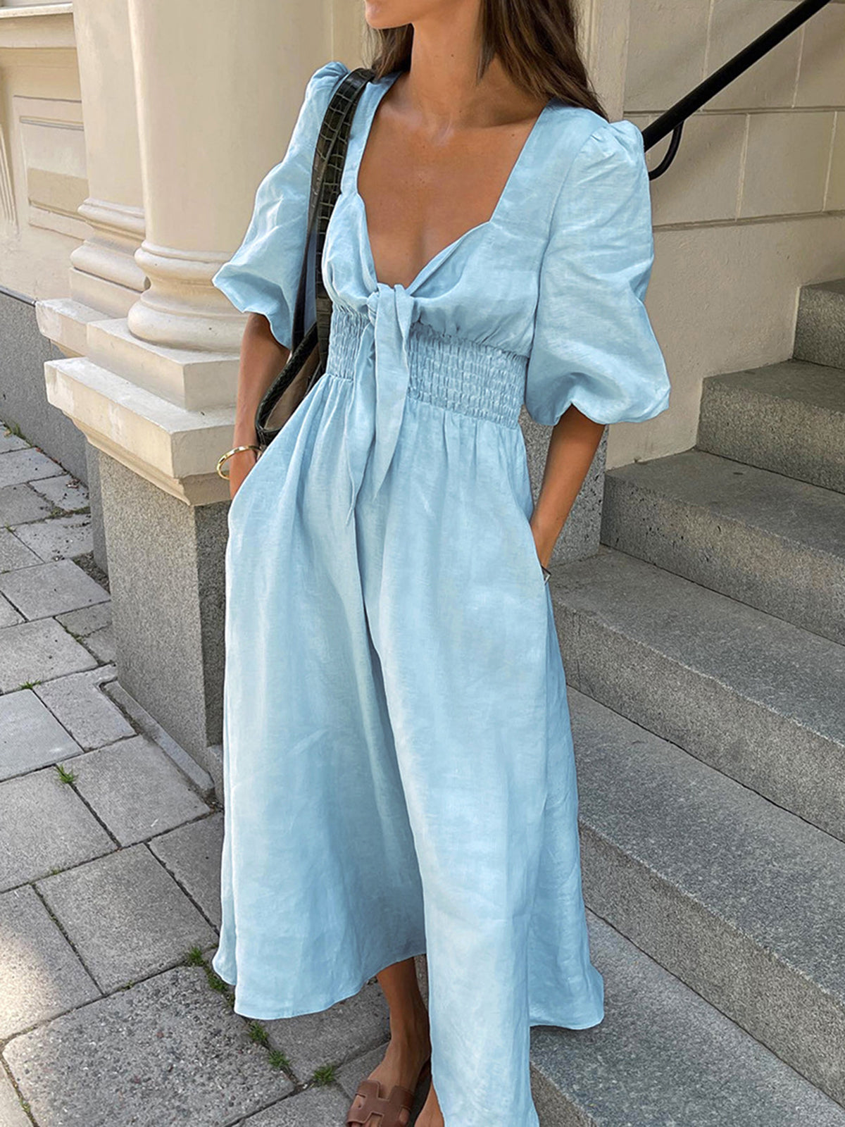 Vestido Midi Lino Elegante con lazo - Vestiria
