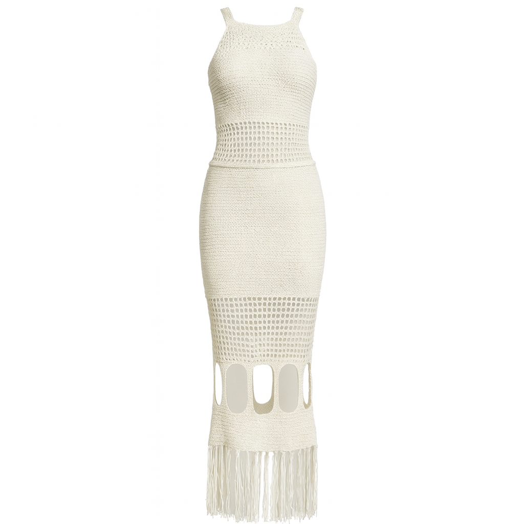 Vestido Largo Elegante Punto Calado Cuello Halter - Vestiria
