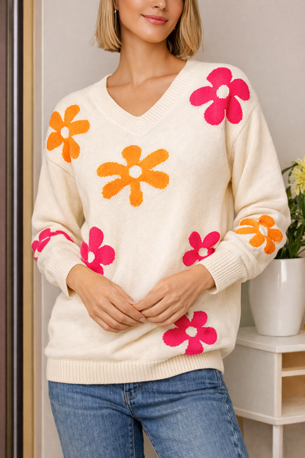 Jersey de punto floral mujer escote en V - Vestiria