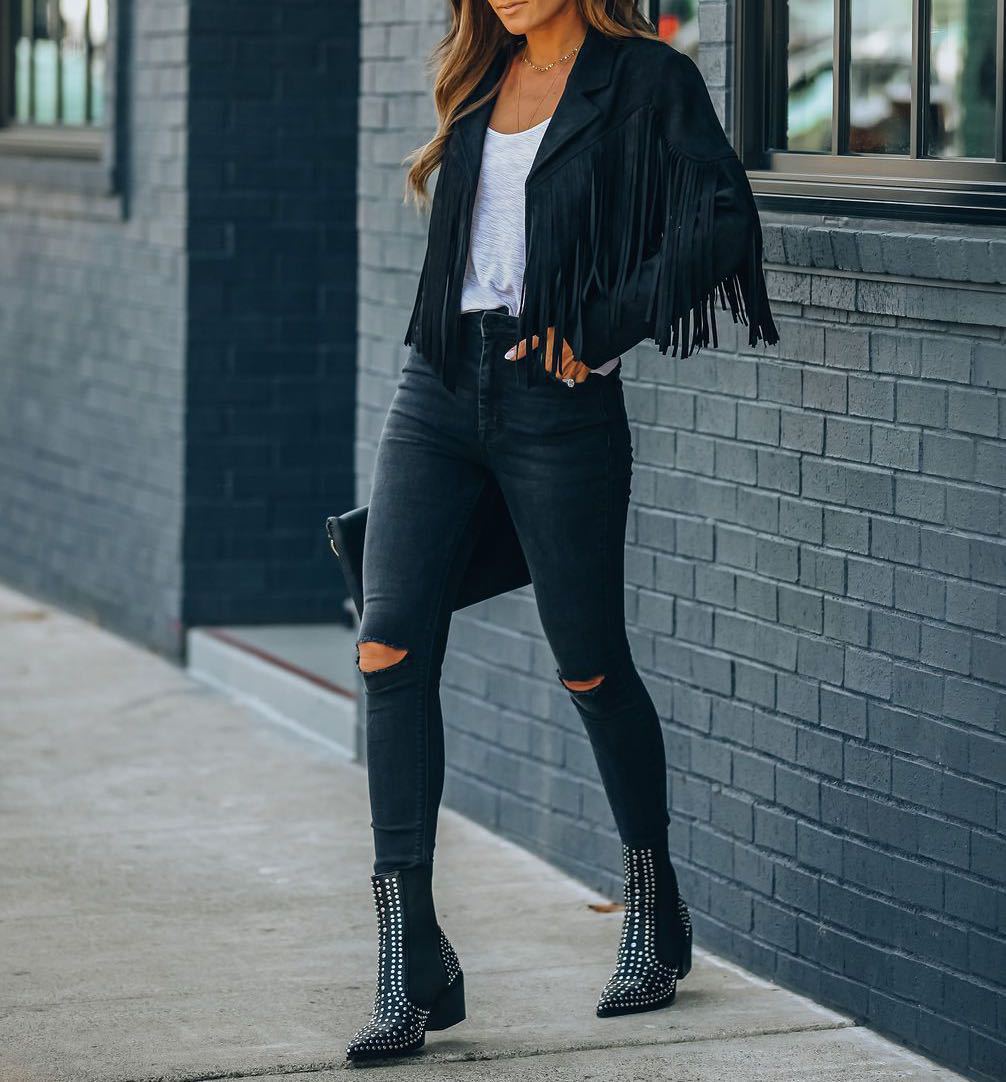 Chaqueta de piel cálida con flecos para mujer