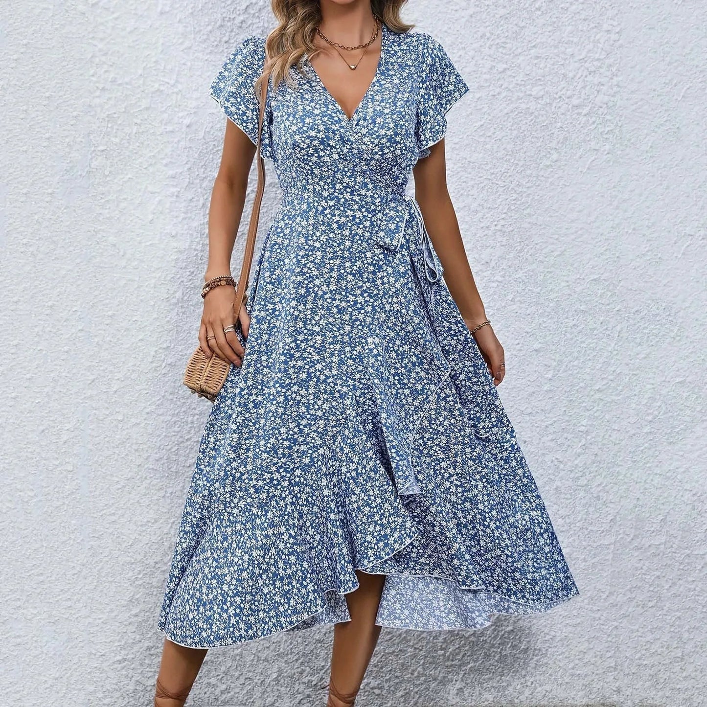 Vestido Florado Midi Elegante con Manga Corta