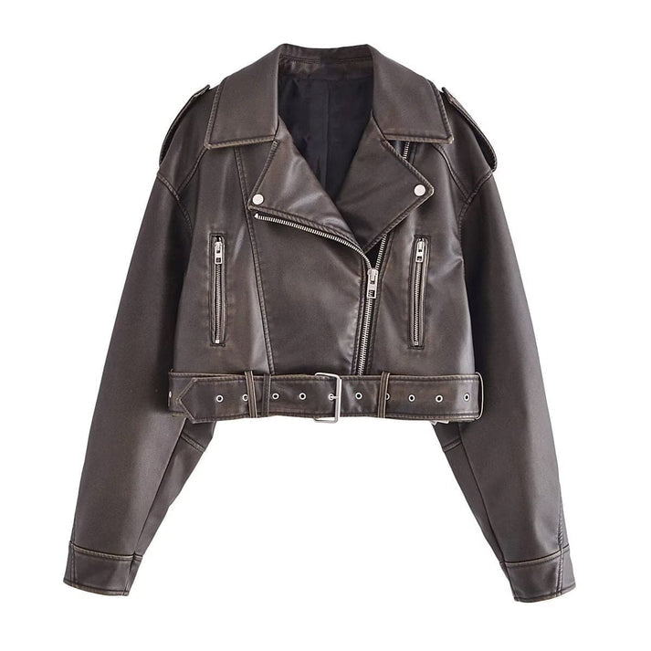 Chaqueta Cuero Mujer Estilo Rockero Cinturón