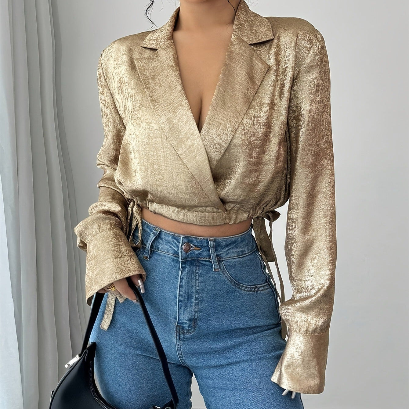 Blusa Mujer Satén Liso Cuello Redondo Elegante - Vestiria