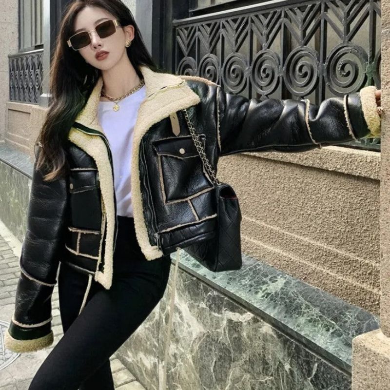 Chaqueta Cuero Mujer Invierno Abrigo Caliente