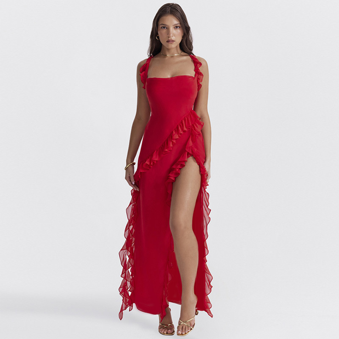 Vestido Maxi Florado con Volantes y Escote