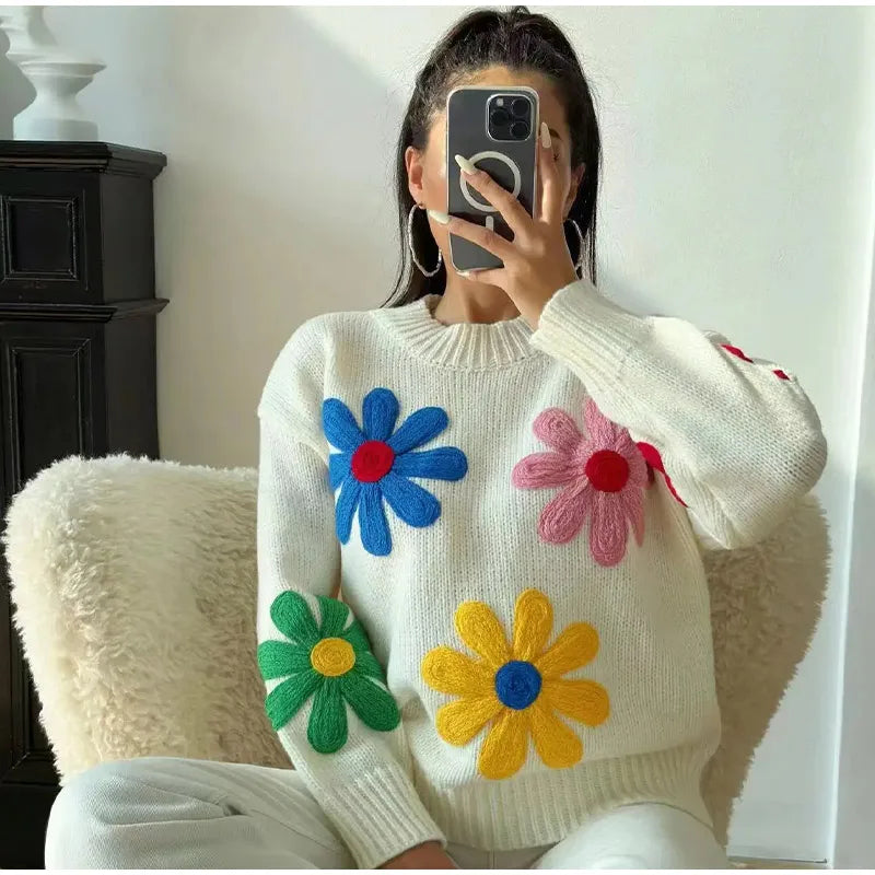 Jersey Punto Grueso Florales Feminnino