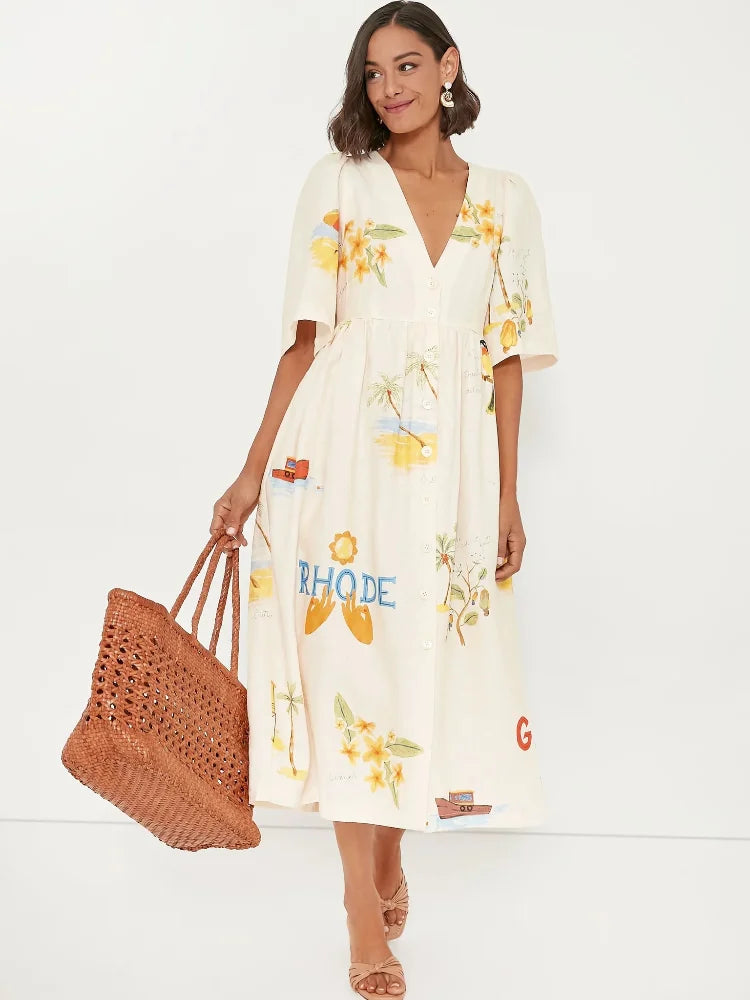 Vestido Midi Lino Estampado Chic - Vestiria
